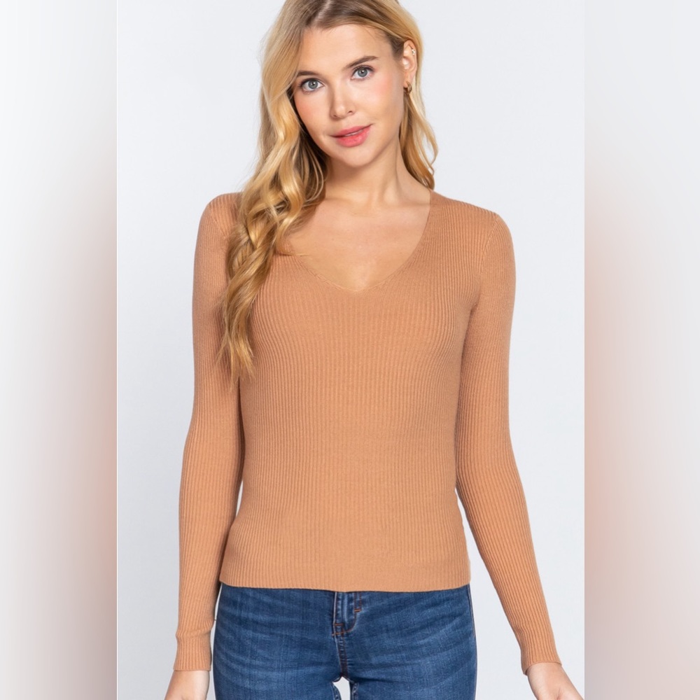 Active Basic V-Neck Fitted Viscose Rib Knit Top - image 1